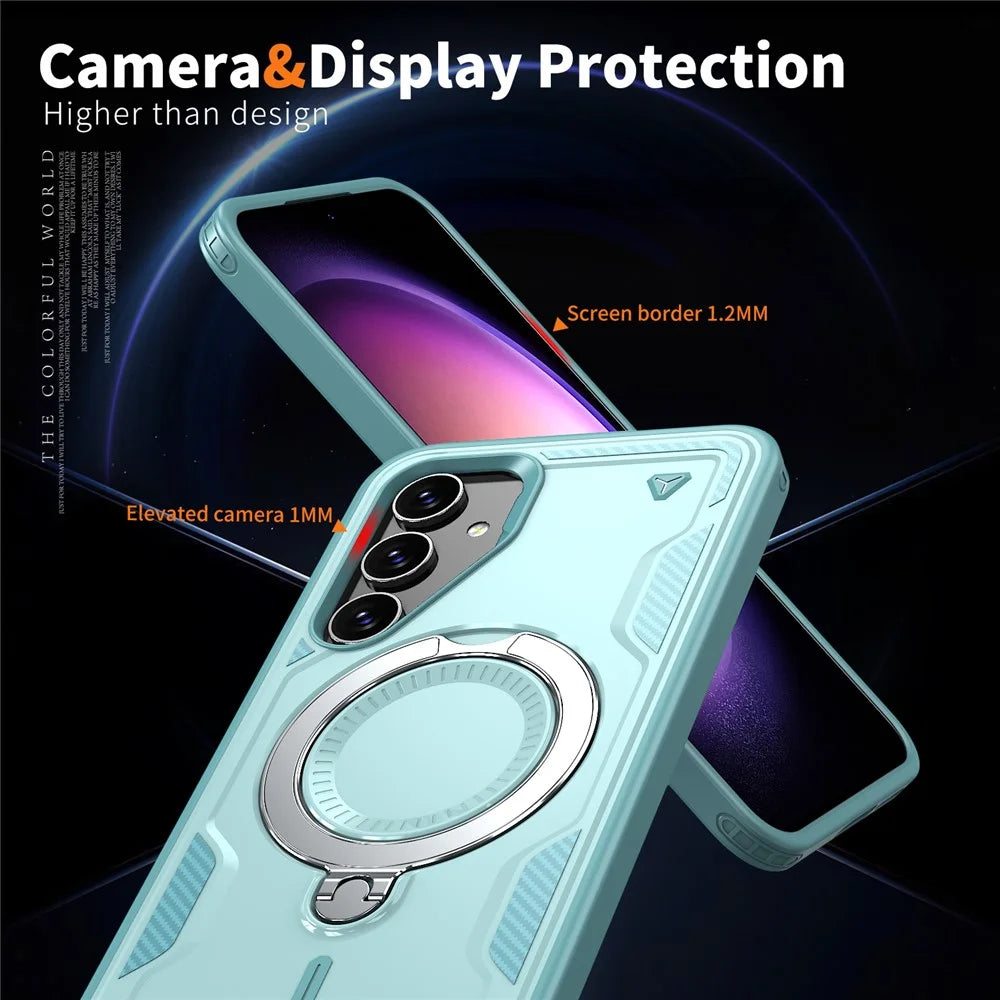 For Samsung Galaxy S23 FE Magnetic Case Military Protection PC+TPU Kickstand Phone Cover - Baby Blue - 5