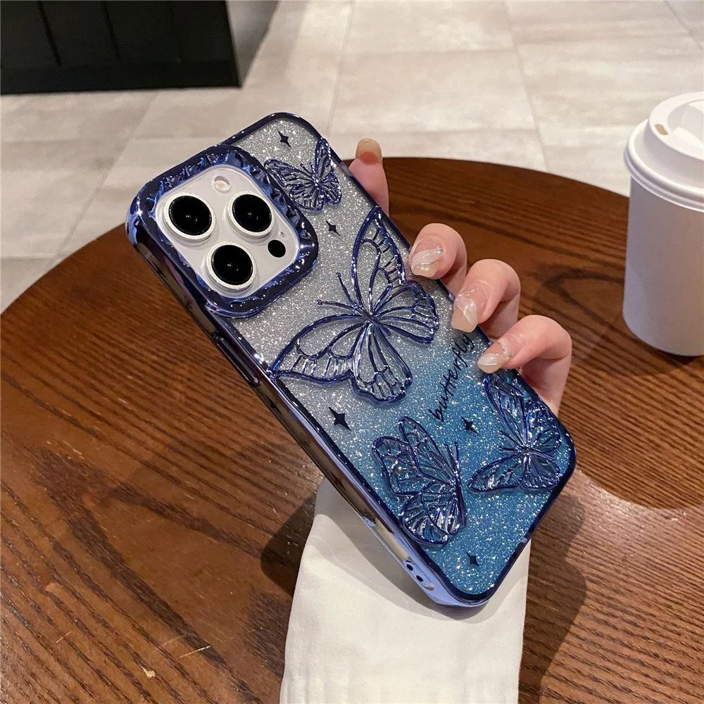 For iPhone 16 Pro Case 3D Butterfly TPU Phone Cover with Gradient Glitter Paper - Blue - 1