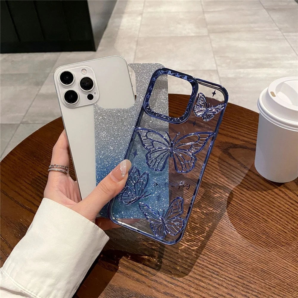 For iPhone 16 Pro Case 3D Butterfly TPU Phone Cover with Gradient Glitter Paper - Blue - 2