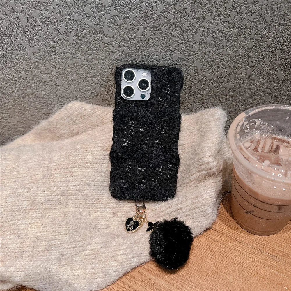 For iPhone 16 Pro Max Case Soft Plush Hard PC Winter Phone Cover with Cute Keychain Accessory - Black - 2