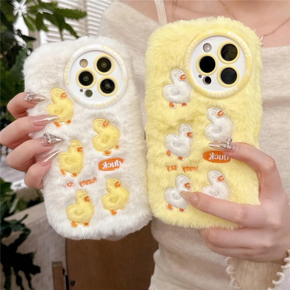 For iPhone 16 Pro Max Case Duck Embroidery Furry Warm Plush Soft TPU Phone Cover - Yellow - 4