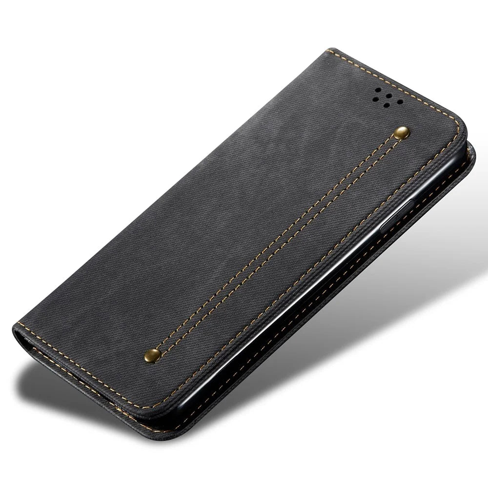 For Samsung Galaxy S25 Case Jeans Cloth Texture Anti-Scratch Leather Stand Phone Cover - Black - 4