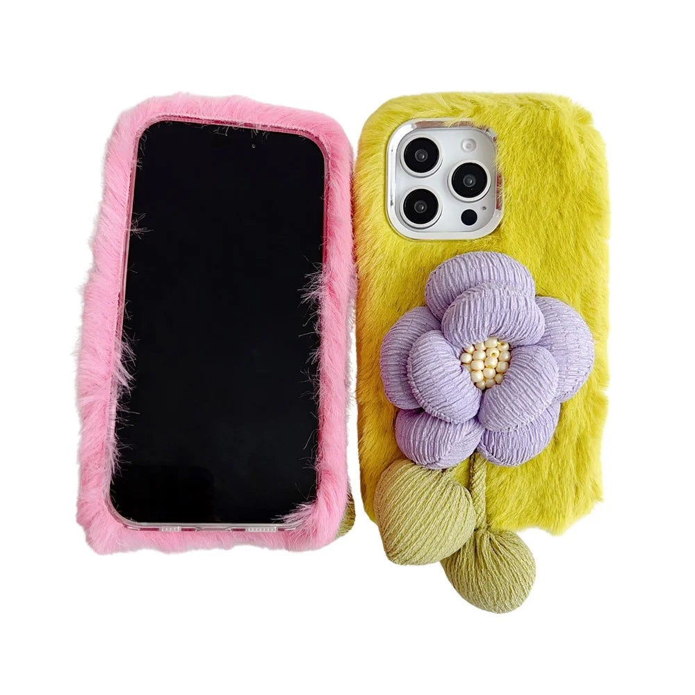 For iPhone 16 Pro Max Plush Phone Case 3D Flower Decor Fluffy TPU Back Cover - Pink - 2