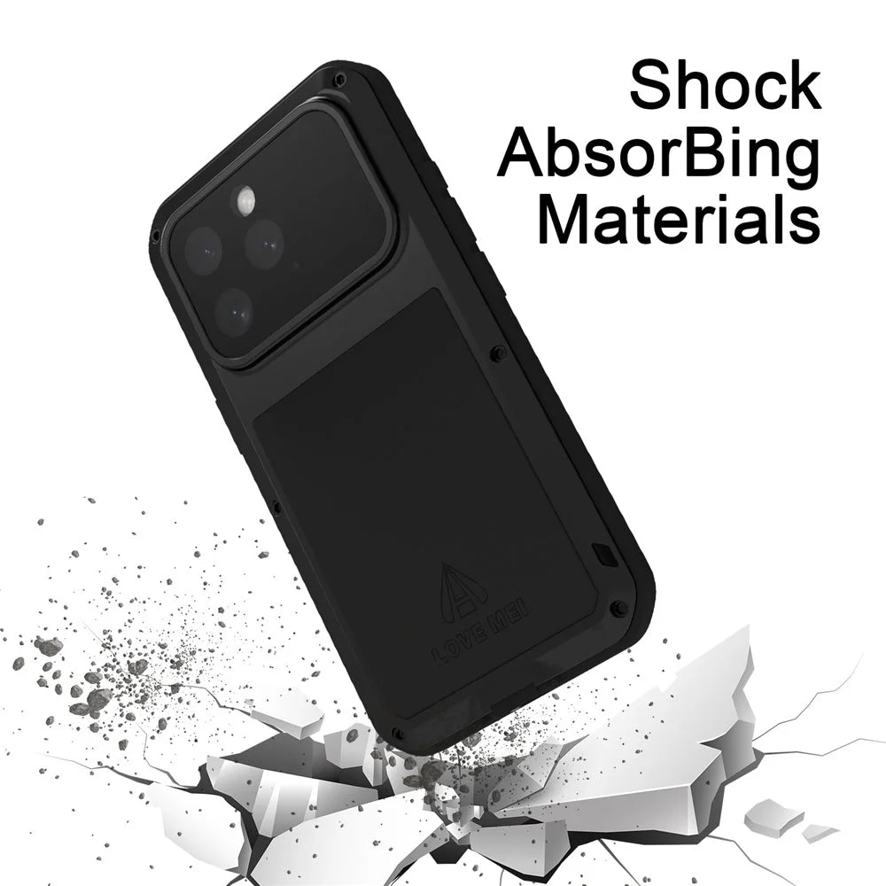 LOVE MEI For iPhone 16 Pro Max Case with Tempered Glass Film Metal+Silicone Phone Cover - Black - 2