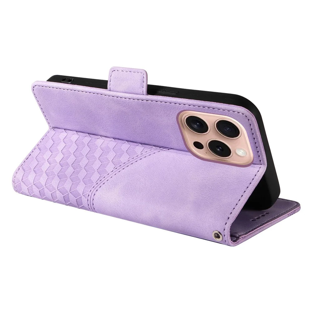 ENKAY For iPhone 16 Pro Wallet Case  Imprint PU Leather Phone Stand Cover with Tempered Glass - Black - 2