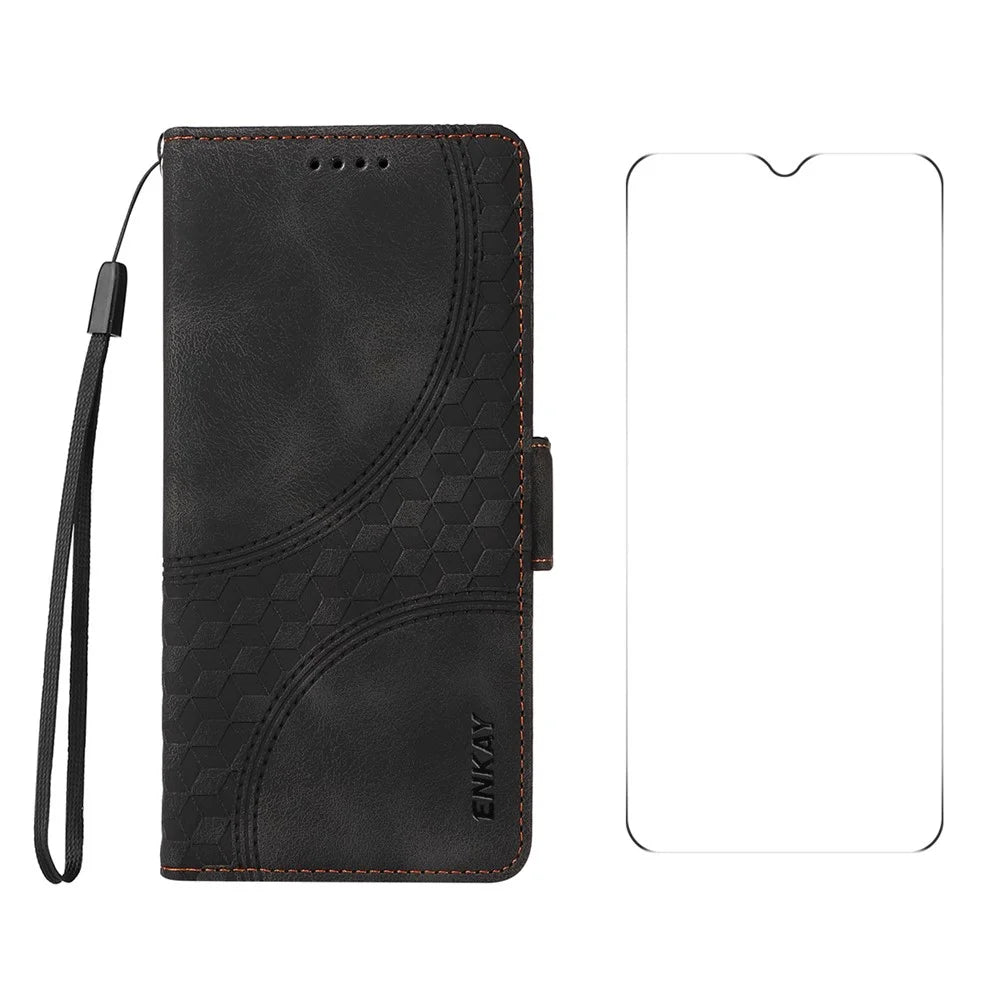 ENKAY For Samsung Galaxy A16 5G / A16 4G Wallet Case  Imprint PU Leather Phone Stand Cover with Tempered Glass - Black - 1