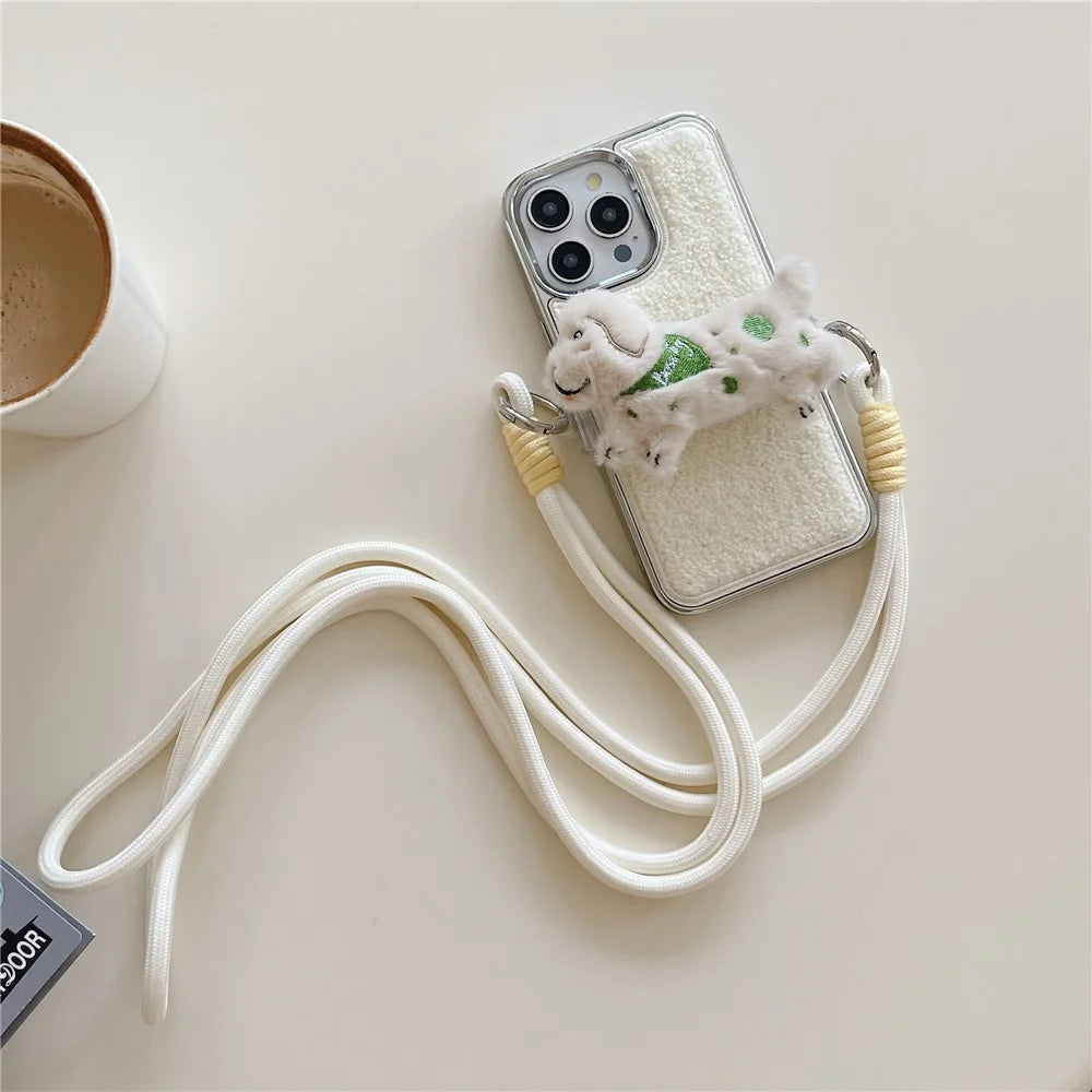 For iPhone 15 Pro Max Case Towel Felt Design TPU Electroplating Phone Cover with Phone Clip Lanyard - White - 2