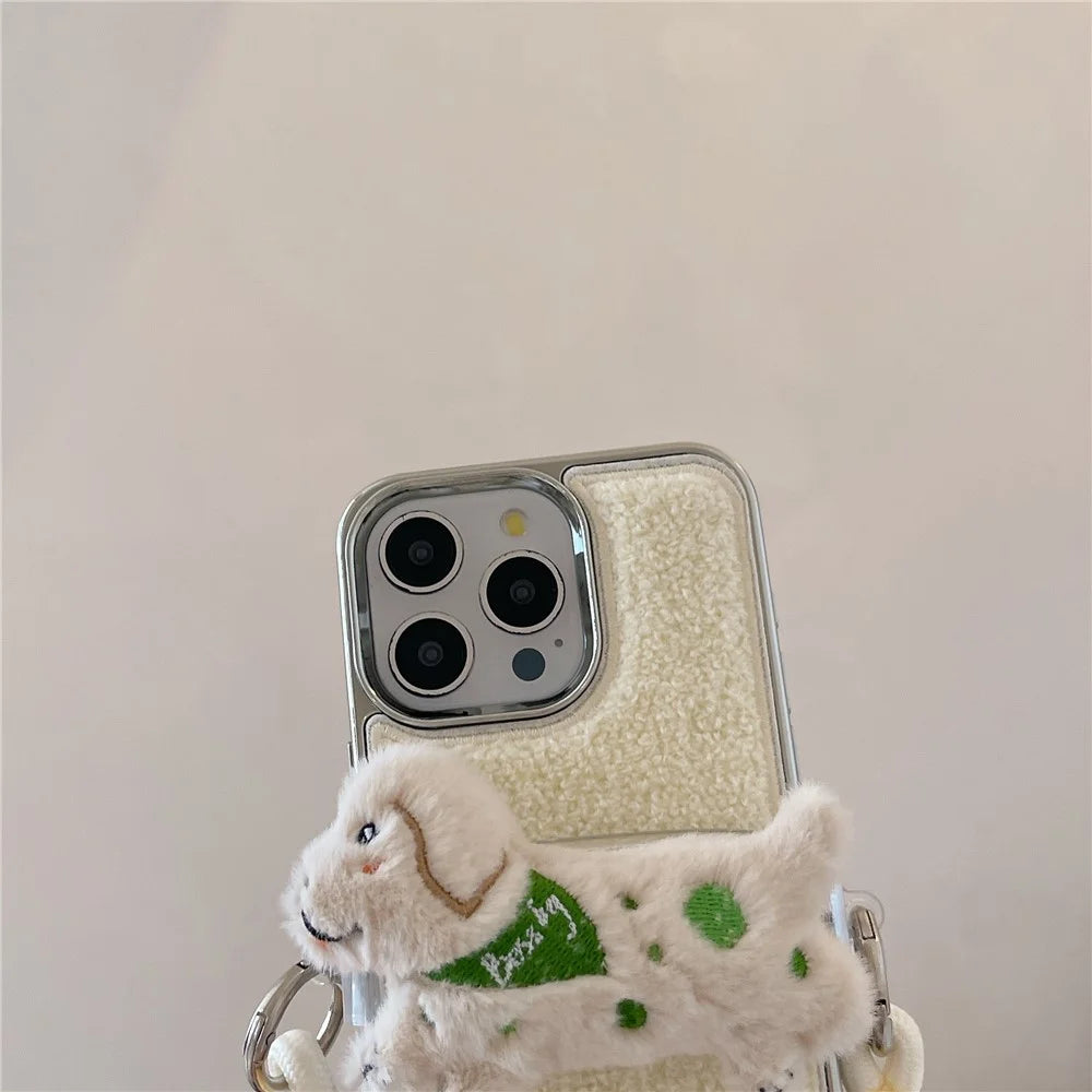 For iPhone 15 Pro Max Case Towel Felt Design TPU Electroplating Phone Cover with Phone Clip Lanyard - White - 5