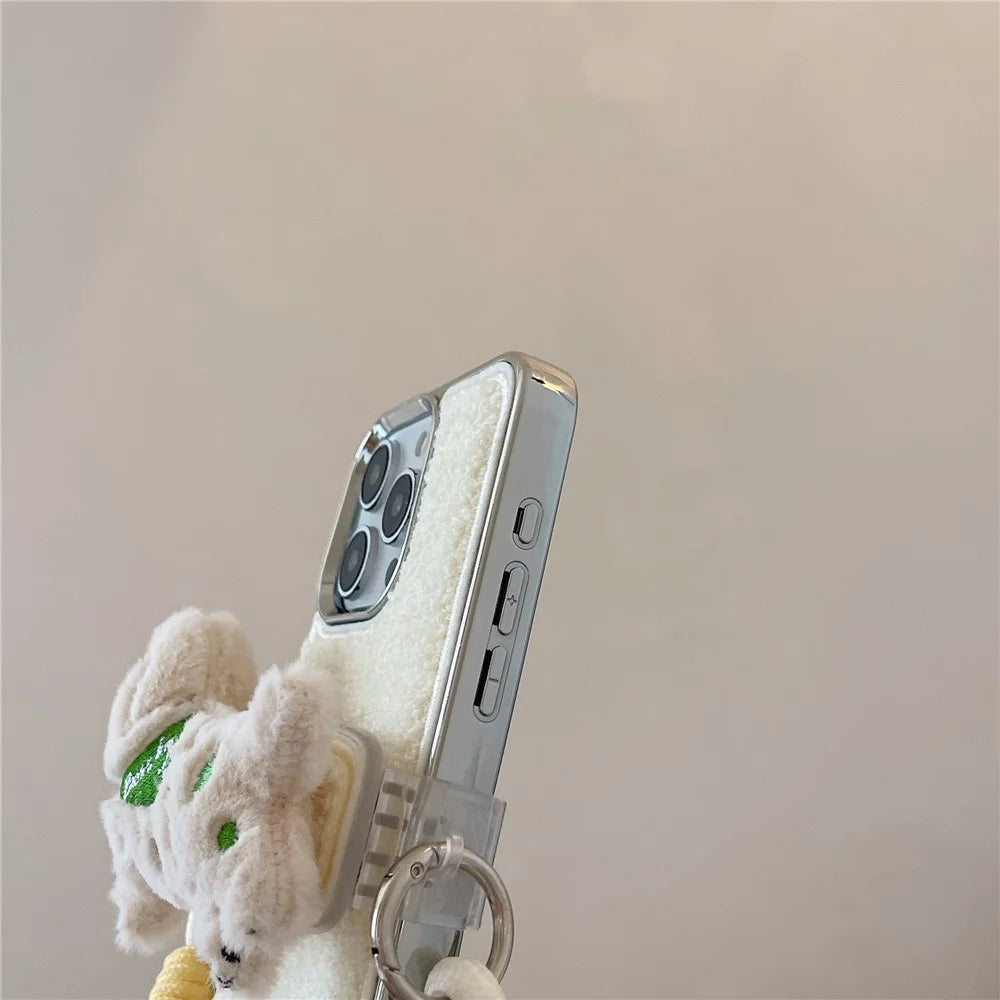 For iPhone 15 Pro Max Case Towel Felt Design TPU Electroplating Phone Cover with Phone Clip Lanyard - White - 6