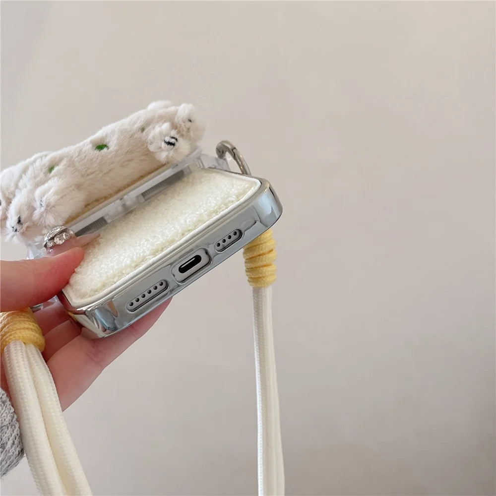 For iPhone 15 Pro Max Case Towel Felt Design TPU Electroplating Phone Cover with Phone Clip Lanyard - White - 7