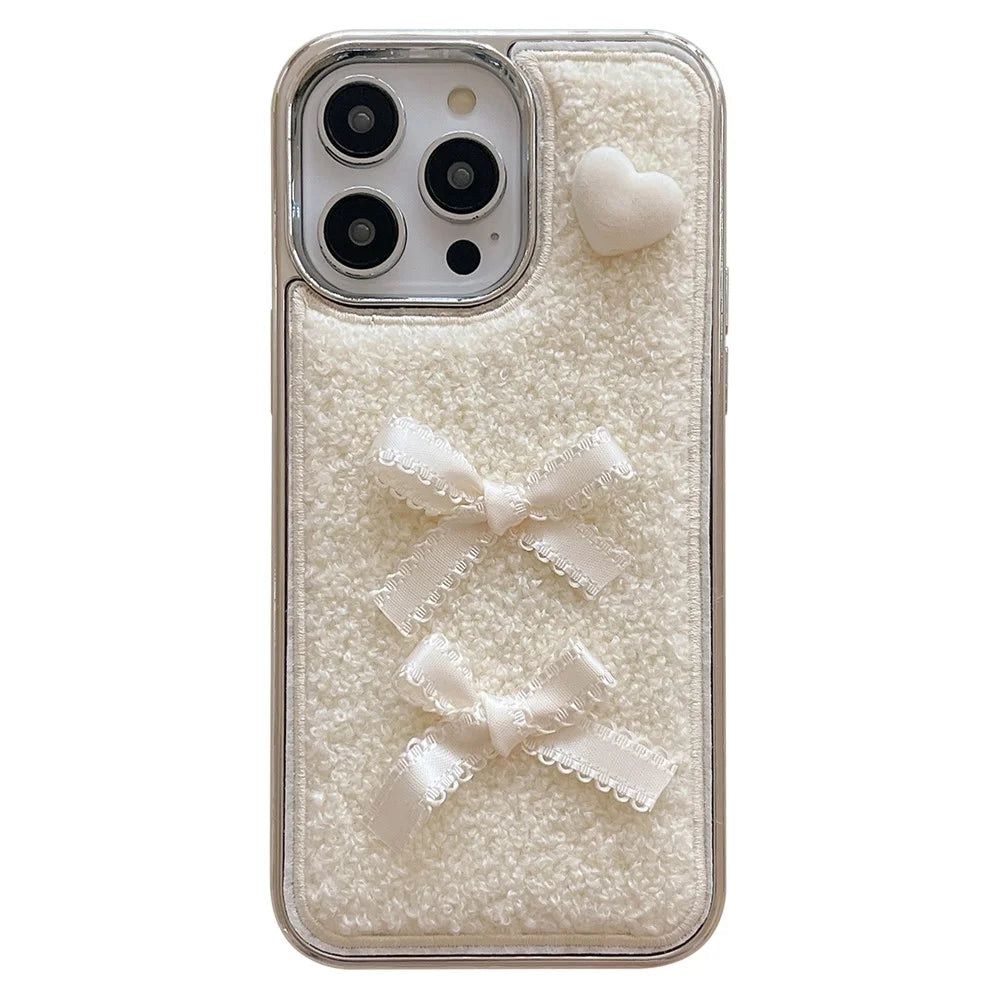 For iPhone 15 Pro Max Case Heart Bows Towel Felt Texture TPU Electroplating Phone Cover - White - 1