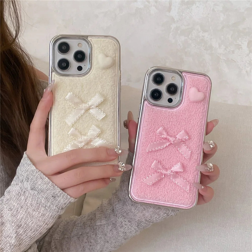 For iPhone 15 Pro Max Case Heart Bows Towel Felt Texture TPU Electroplating Phone Cover - White - 7