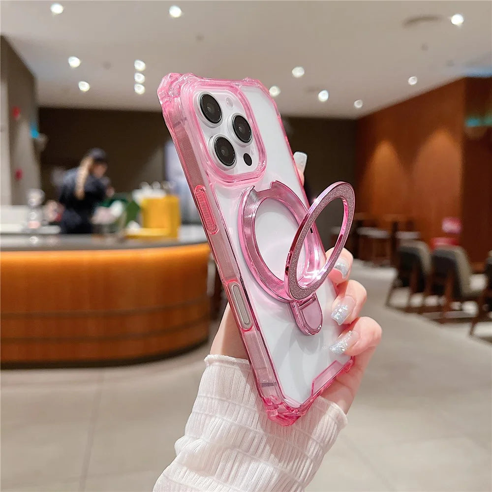 For iPhone 16 Pro Case Glitter Magnetic Kickstand Reinforced Corners Acrylic+TPU Phone Cover - Pink - 2