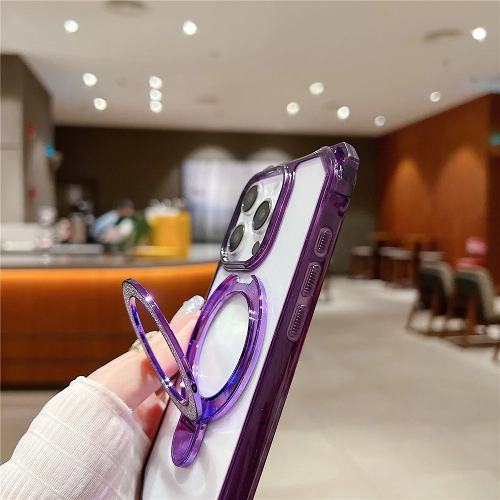 For iPhone 16 Pro Case Glitter Magnetic Kickstand Reinforced Corners Acrylic+TPU Phone Cover - Pink - 5