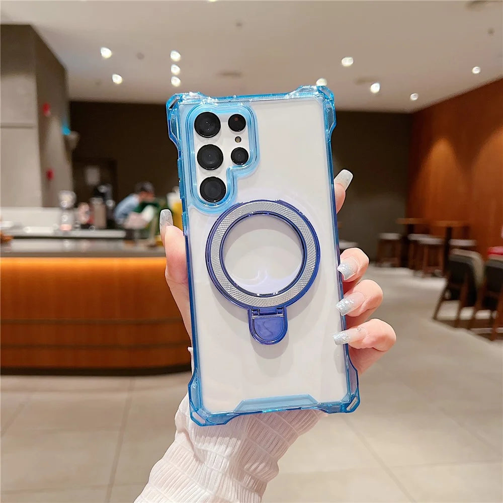 For Samsung Galaxy S24 Ultra Case Glitter Magnetic Kickstand Reinforced Corners Acrylic+TPU Phone Cover - Blue - 1