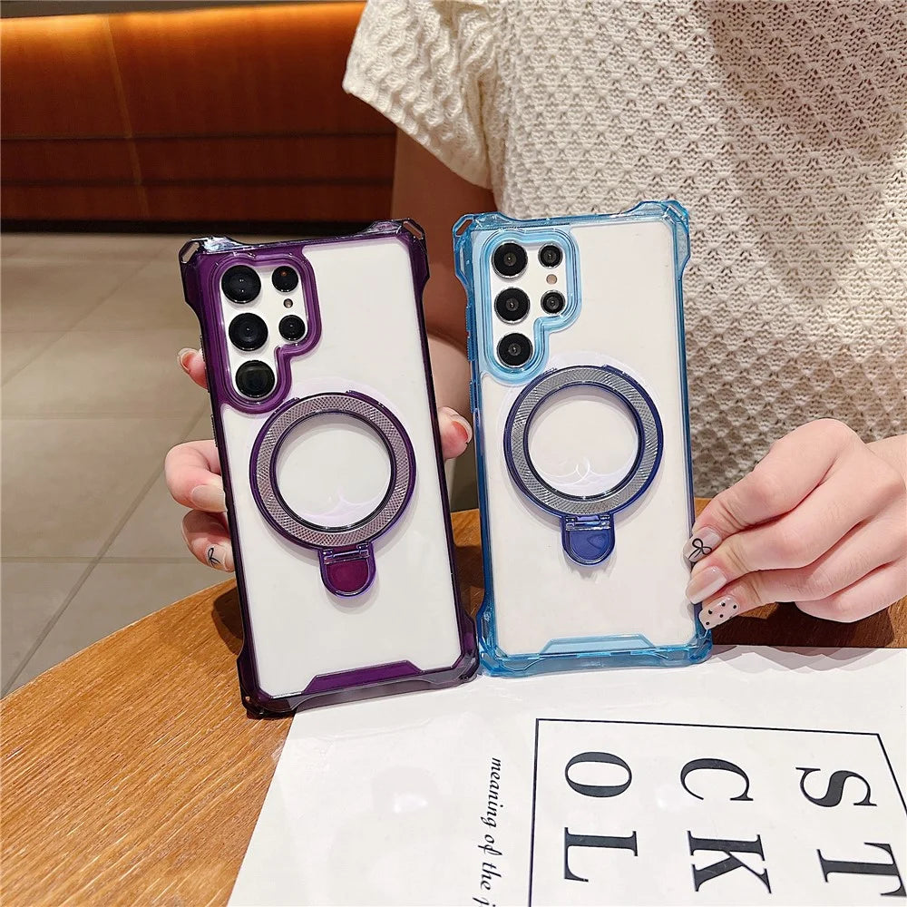 For Samsung Galaxy S24 Ultra Case Glitter Magnetic Kickstand Reinforced Corners Acrylic+TPU Phone Cover - Blue - 3
