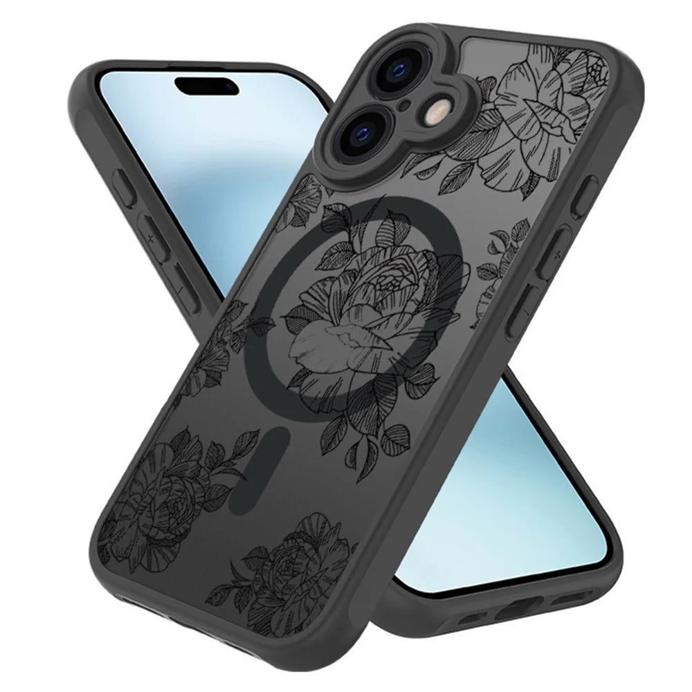 For iPhone 16 Case Compatible with MagSafe Clear Floral Pattern Matte Anti-Drop TPU+PC Phone Cover - 3