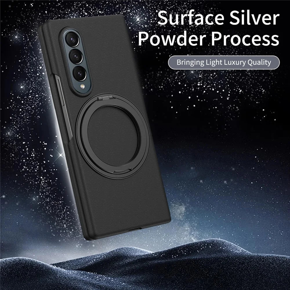 For Samsung Galaxy Z Fold3 5G Magnetic Case Ring Kickstand Hard PC Cover with Tempered Glass Screen Film - Black - 2