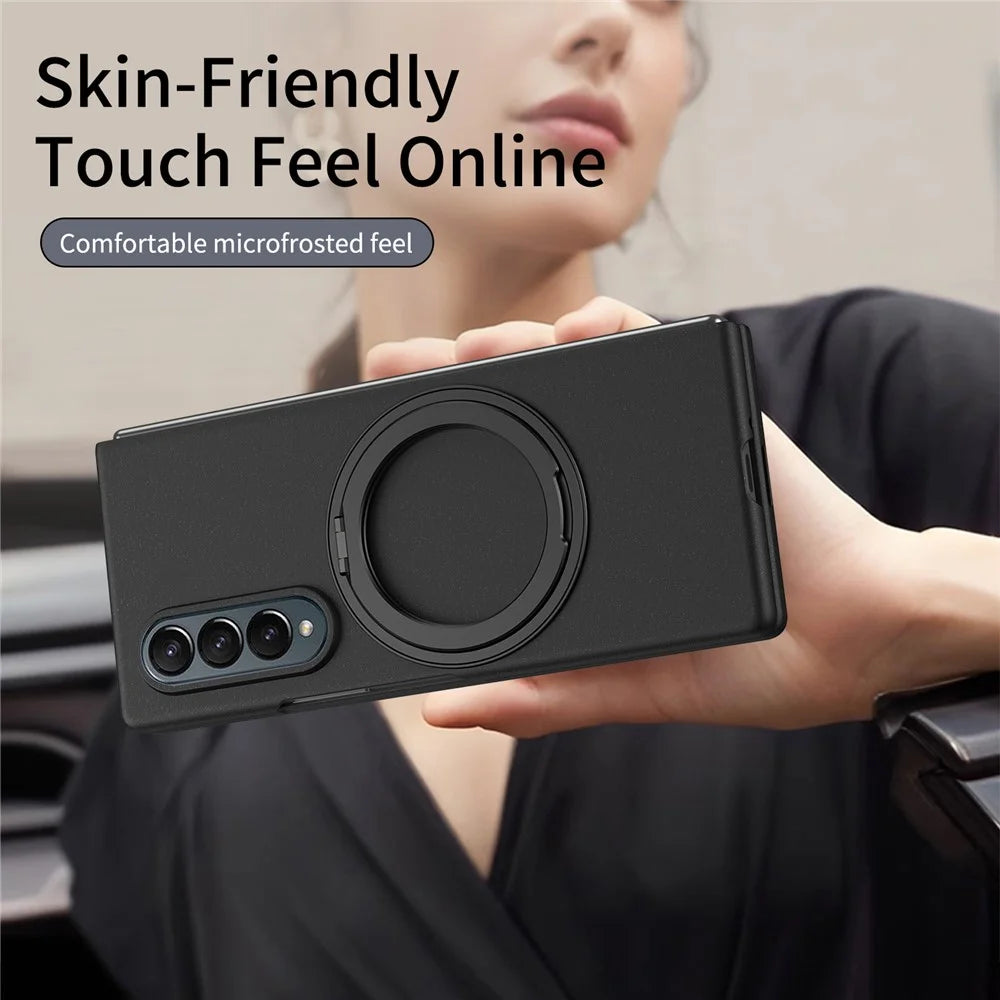 For Samsung Galaxy Z Fold3 5G Magnetic Case Ring Kickstand Hard PC Cover with Tempered Glass Screen Film - Black - 3