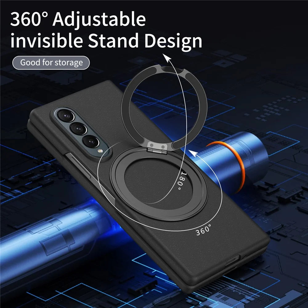 For Samsung Galaxy Z Fold3 5G Magnetic Case Ring Kickstand Hard PC Cover with Tempered Glass Screen Film - Black - 6