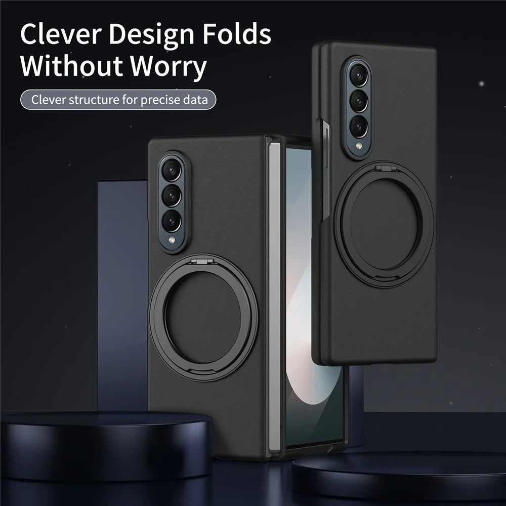 For Samsung Galaxy Z Fold3 5G Magnetic Case Ring Kickstand Hard PC Cover with Tempered Glass Screen Film - Black - 7