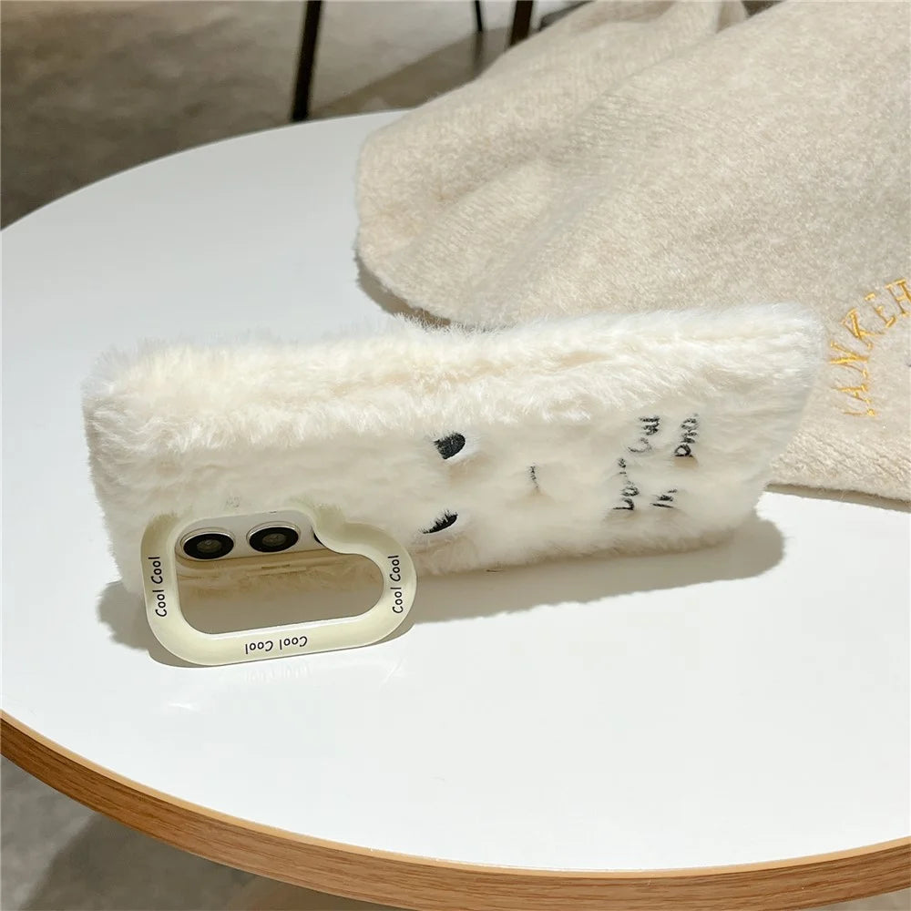 KJS-020 For Samsung Galaxy S24 Ultra Case Lens Kickstand Humorous Face Warm Fluffy TPU Phone Cover - White - 2