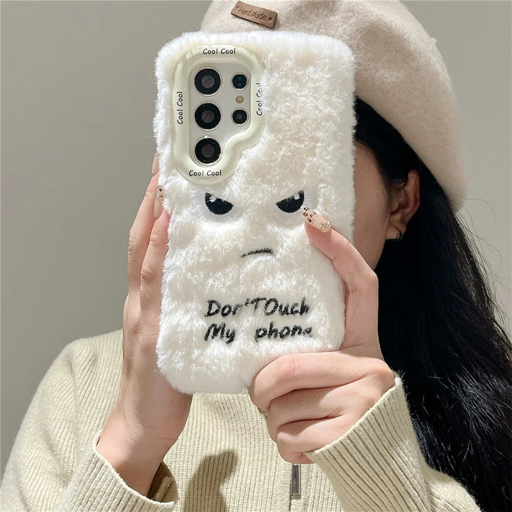 KJS-020 For Samsung Galaxy S24 Ultra Case Lens Kickstand Humorous Face Warm Fluffy TPU Phone Cover - White - 6