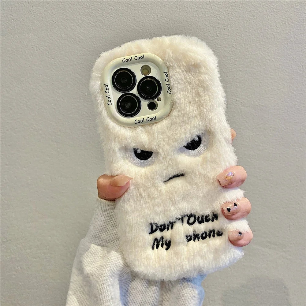 KJS-020 For iPhone 15 Pro Max Case Lens Kickstand Humorous Face Warm Fluffy TPU Phone Cover - White - 2