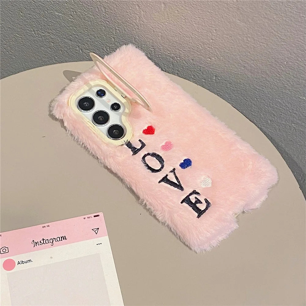 KJS-002 For Samsung Galaxy S24 Ultra Case Lens Kickstand Embroidered LOVE Fluffy TPU Phone Cover - Pink - 3