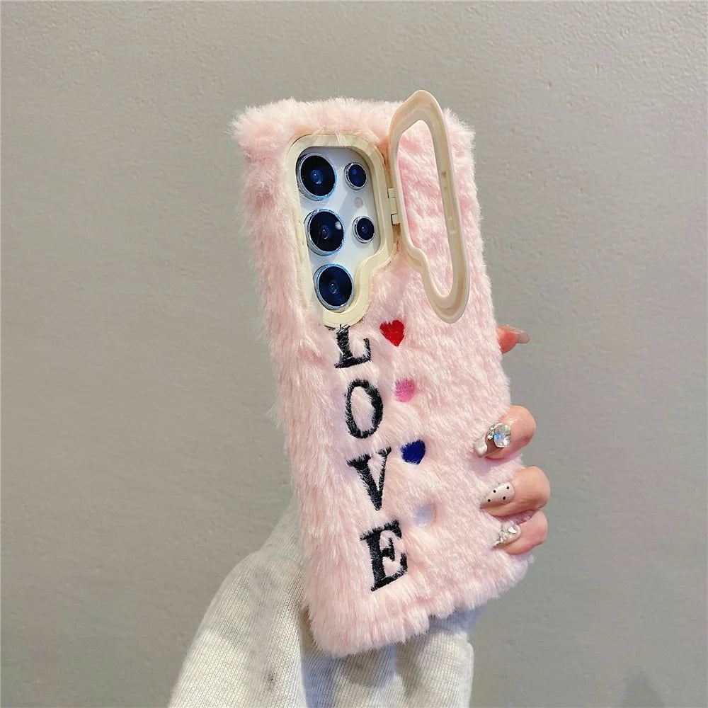 KJS-002 For Samsung Galaxy S24 Ultra Case Lens Kickstand Embroidered LOVE Fluffy TPU Phone Cover - Pink - 4