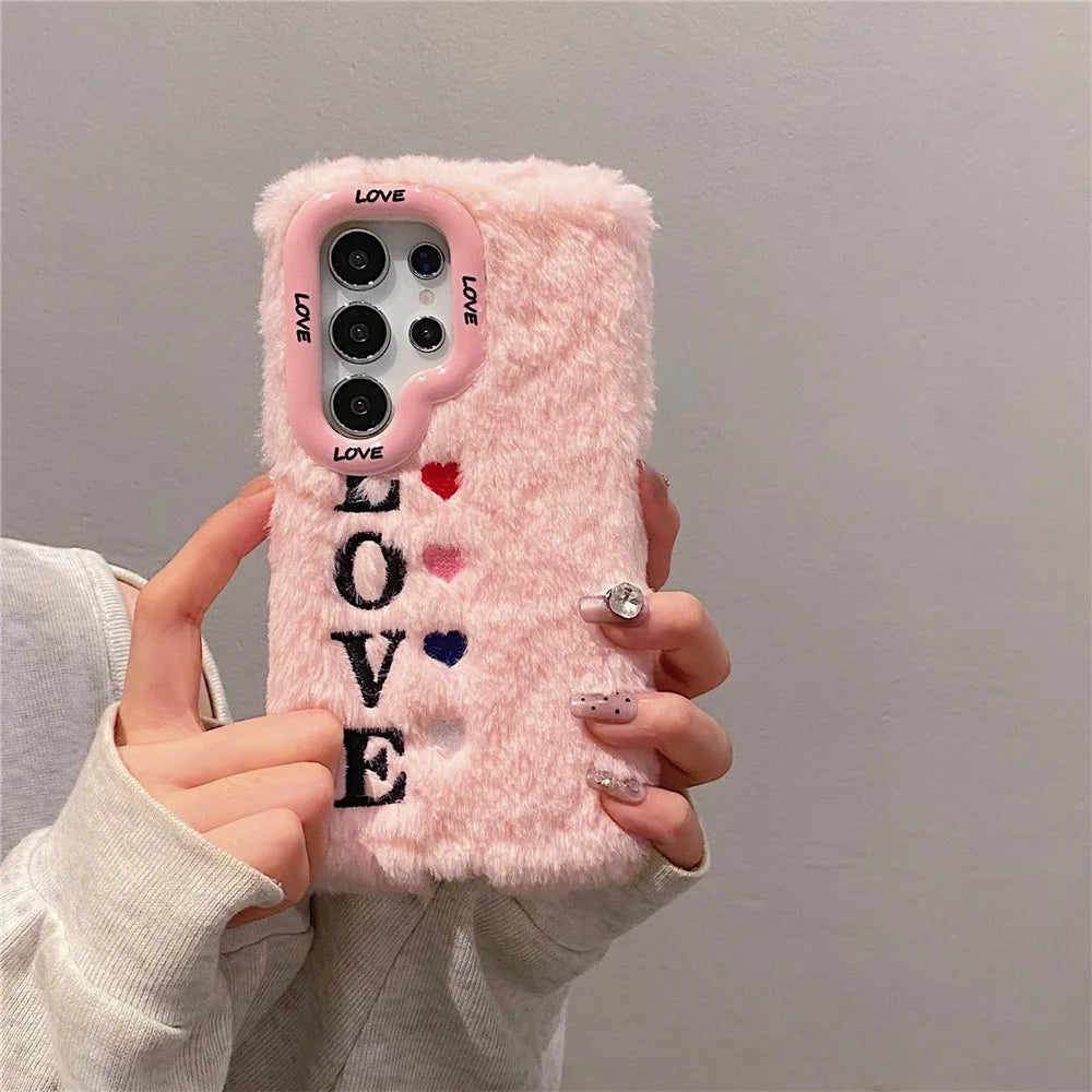 KJS-002 For Samsung Galaxy S24 Ultra Case Lens Kickstand Embroidered LOVE Fluffy TPU Phone Cover - Pink - 6