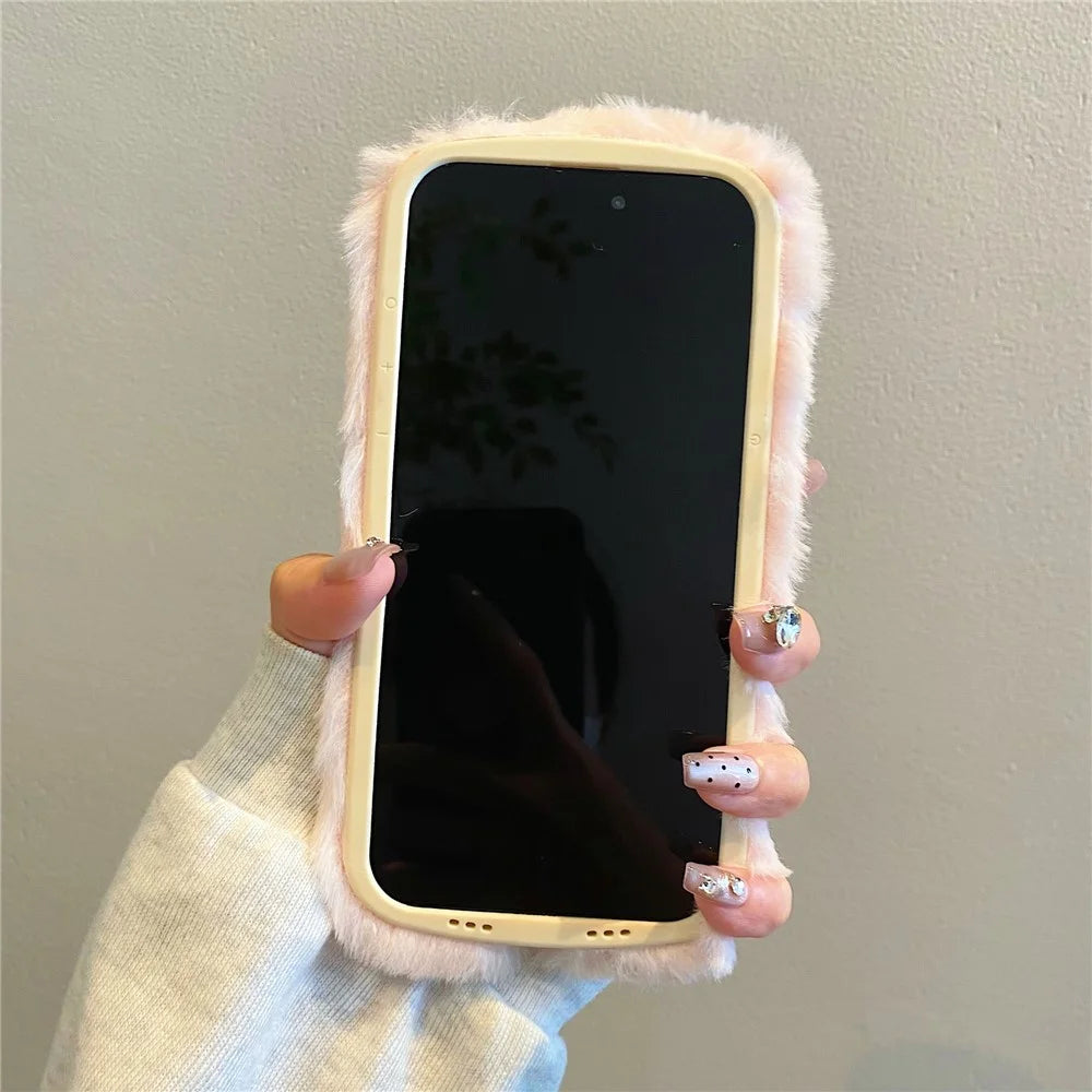 KJS-006 For iPhone 15 Pro Max Case It’S OK Lens Kickstand TPU Plush Furry Phone Cover - Pink - 7