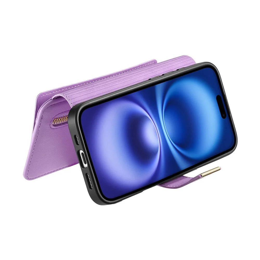 For iPhone 16 Plus Magnetic Leather Case with Detachable RFID Blocking Zipper Wallet Cover - Purple - 3