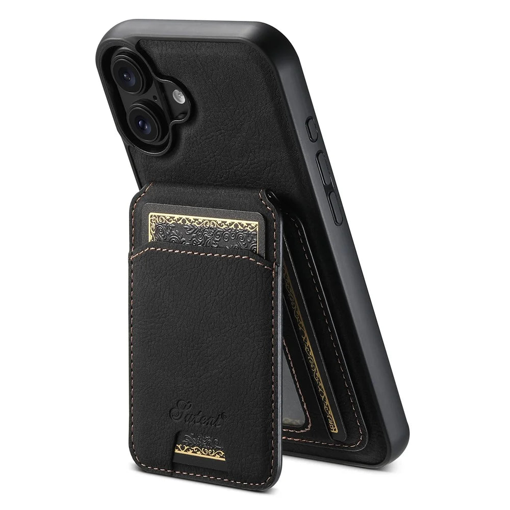 SUTENI H16 For iPhone 16 Magnetic Case Kickstand Phone Cover Detachable Card Holder - Black - 1