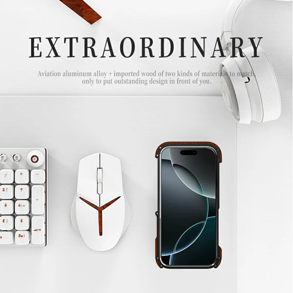R-JUST For iPhone 16 Plus Bumper Case Aluminium Alloy+Redwood Frameless Phone Cover - 2