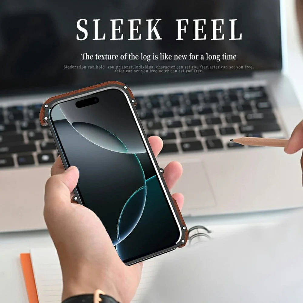 R-JUST For iPhone 16 Plus Bumper Case Aluminium Alloy+Redwood Frameless Phone Cover - 3