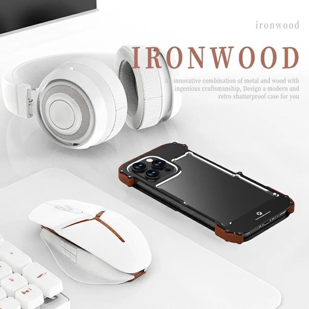 R-JUST For iPhone 16 Pro Max Bumper Case Aluminium Alloy+Redwood Frameless Phone Cover - 2