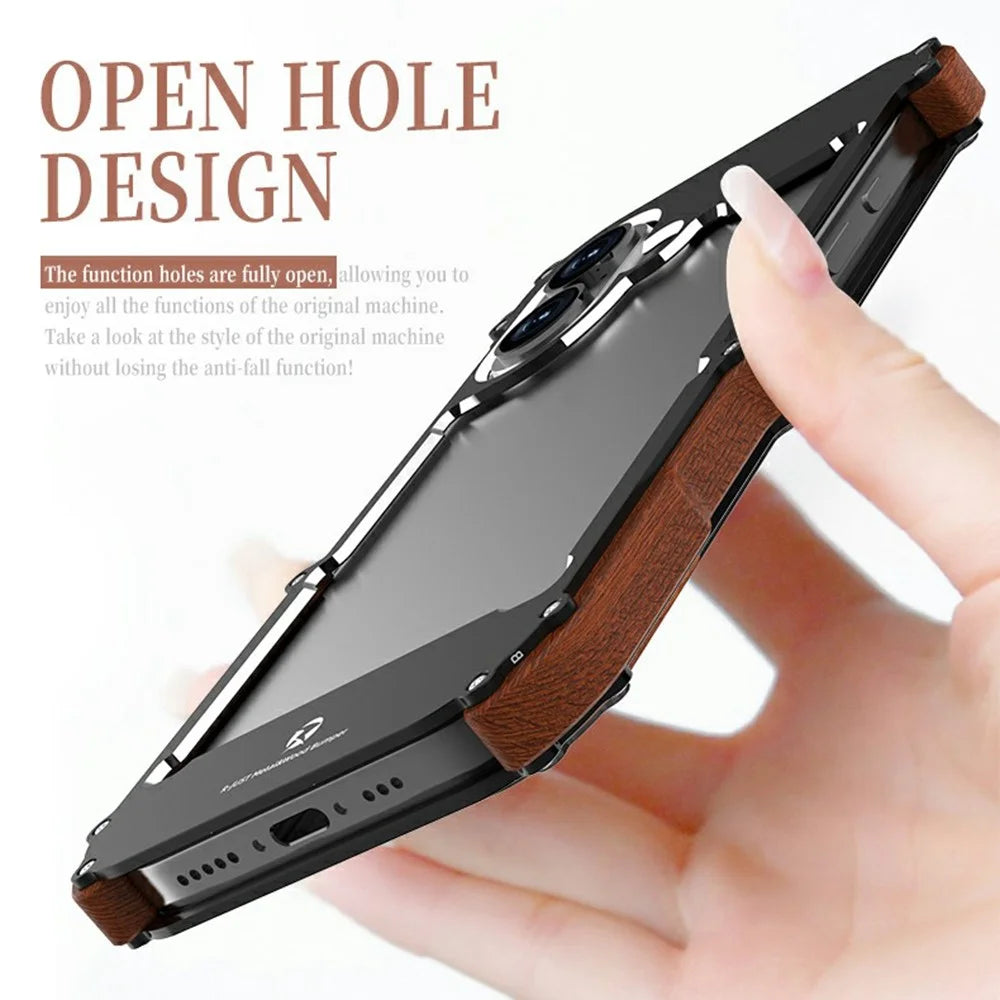 R-JUST For iPhone 16 Pro Max Bumper Case Aluminium Alloy+Redwood Frameless Phone Cover - 5