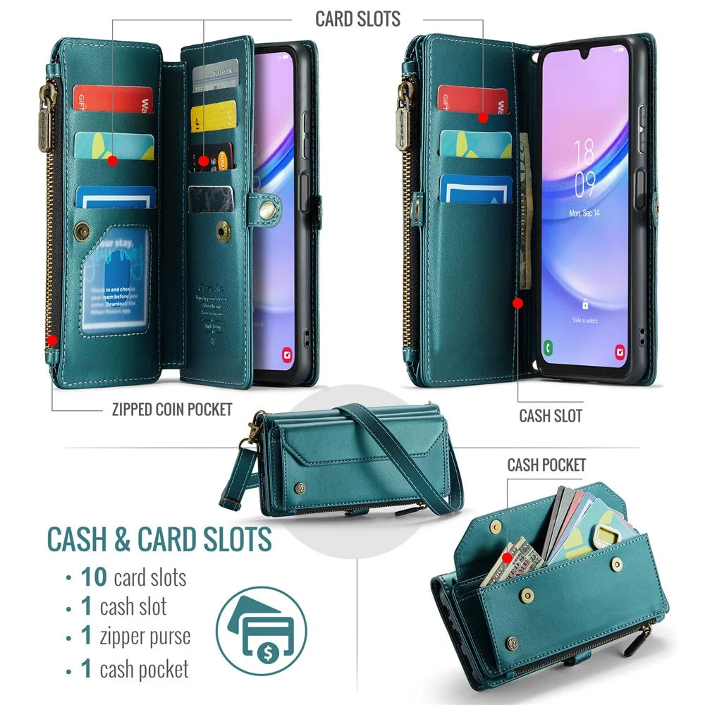 CASEME For Samsung Galaxy A16 5G / A16 4G Leather Case  C36 Zipper Multiple Card Slots Phone Cover with Straps - Green - 5