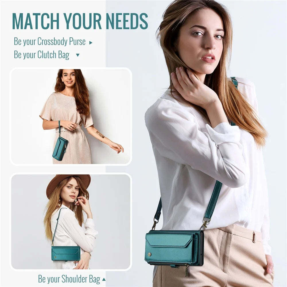 CASEME For Samsung Galaxy A16 5G / A16 4G Leather Case  C36 Zipper Multiple Card Slots Phone Cover with Straps - Green - 7