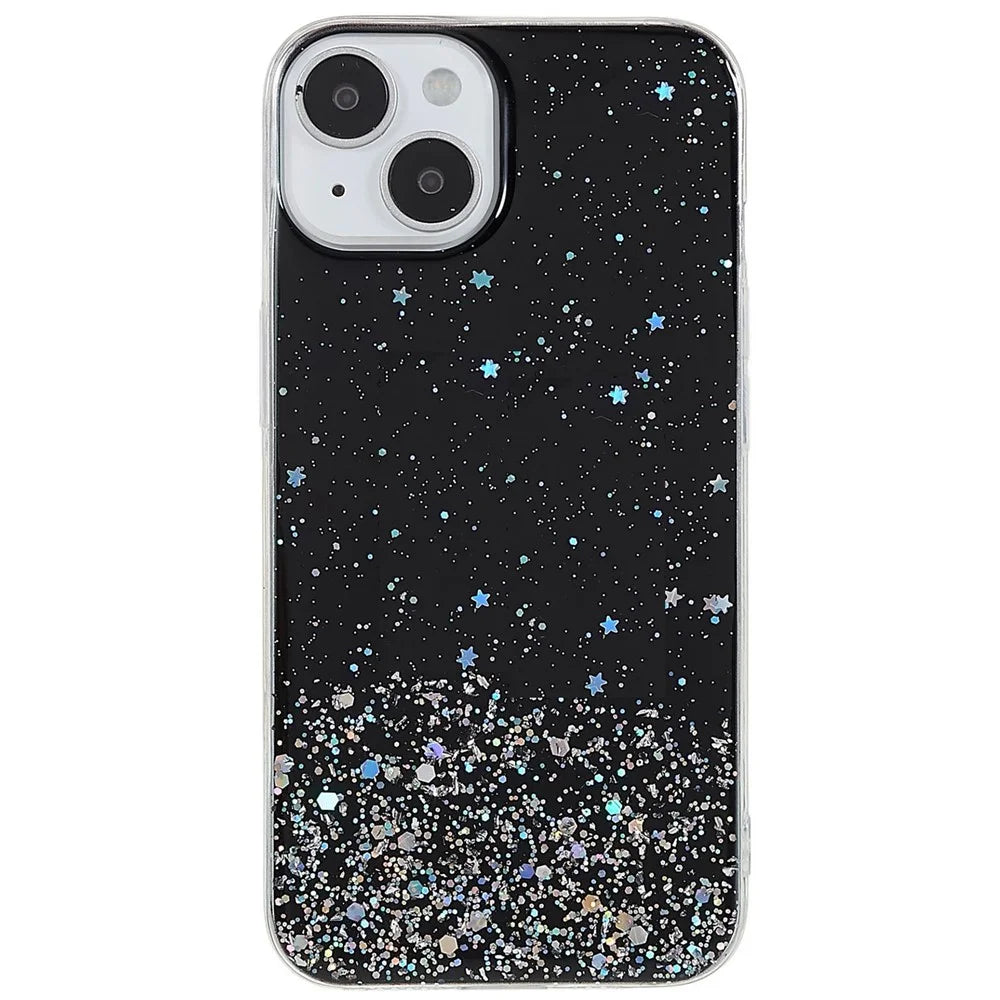 For iPhone 14 Plus Starry Sky Glitter Sparkle Epoxy Case Soft TPU Shockproof Drop Protection Impact Phone Cover - Black - 2