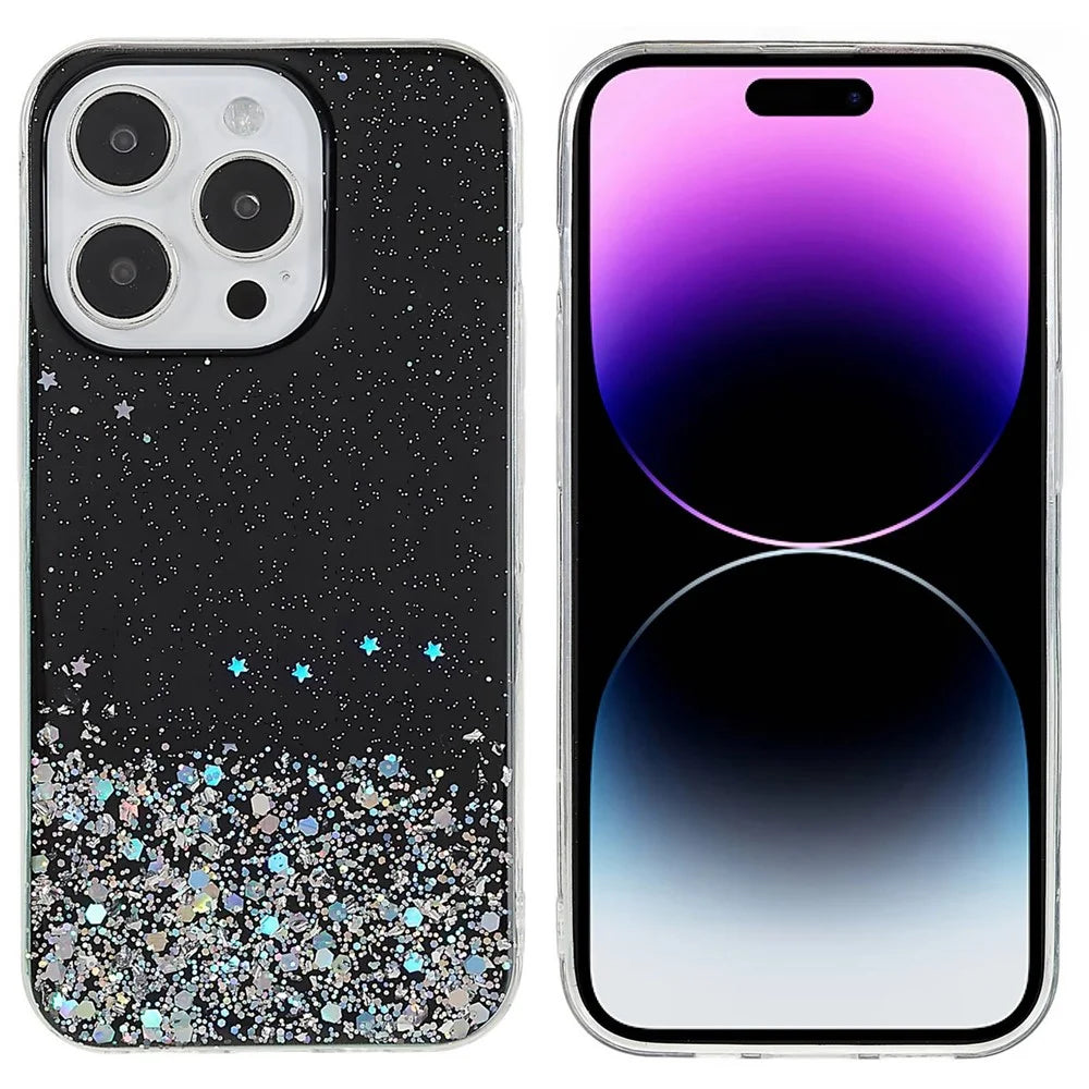 For iPhone 14 Pro Max Starry Sky Sparkle Epoxy Phone Case Soft TPU Anti-Fall Shockproof Protective Cover - Black - 1