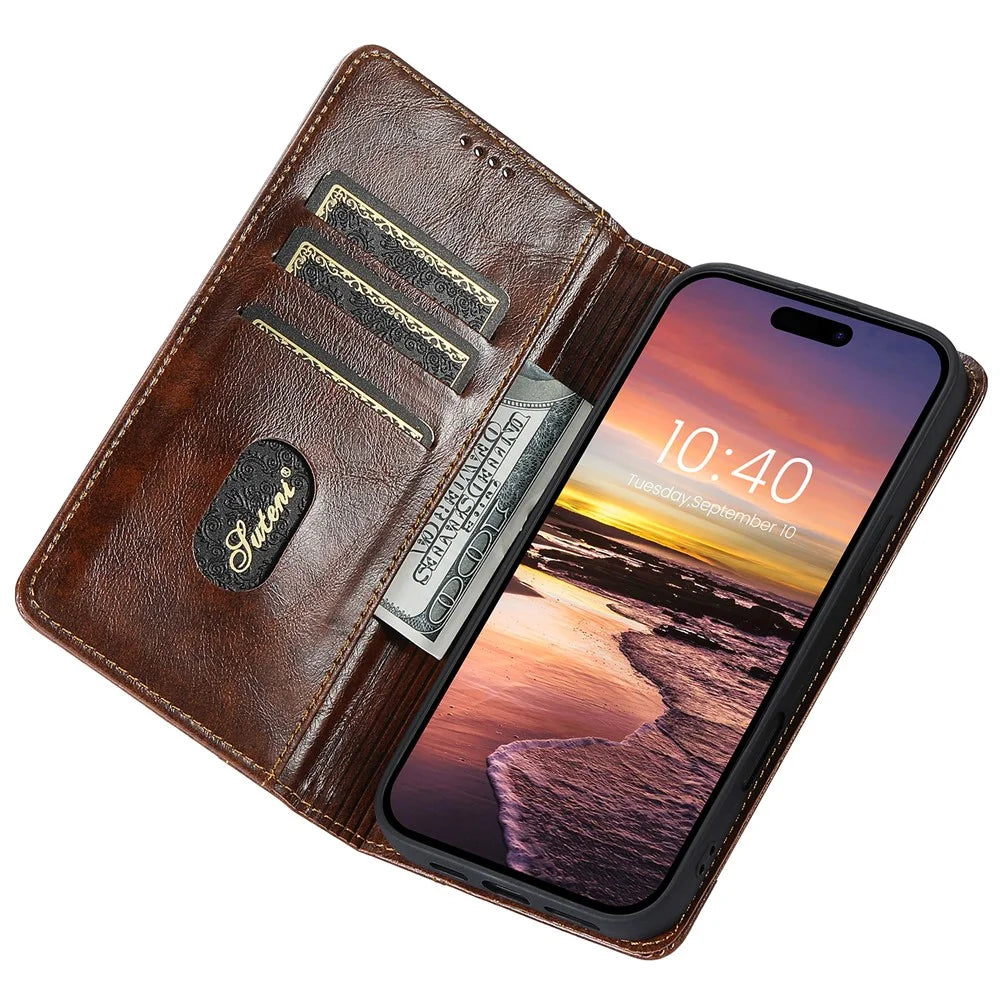 SUTENI For iPhone 16 Plus Case PU Leather Stand Wallet Phone Cover - Khaki - 2
