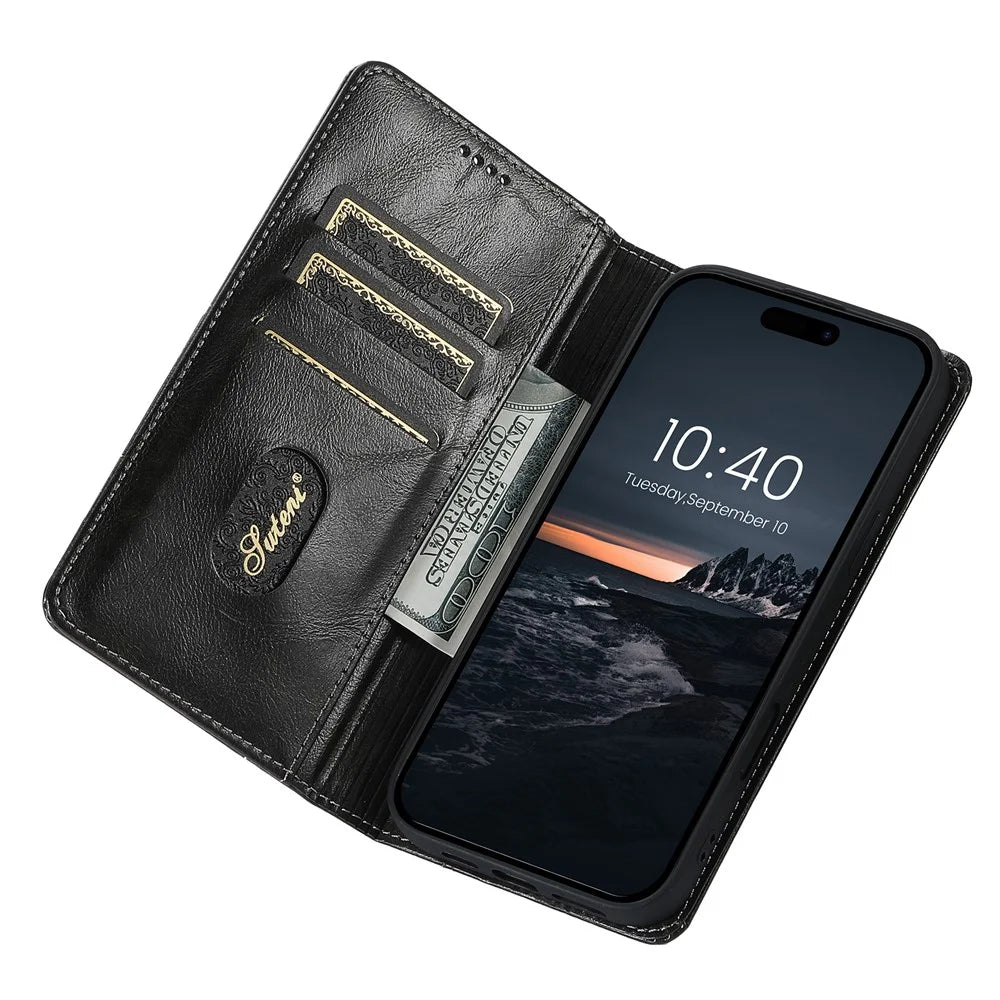 SUTENI For iPhone 16 Case PU Leather Stand Wallet Phone Cover - Black - 2