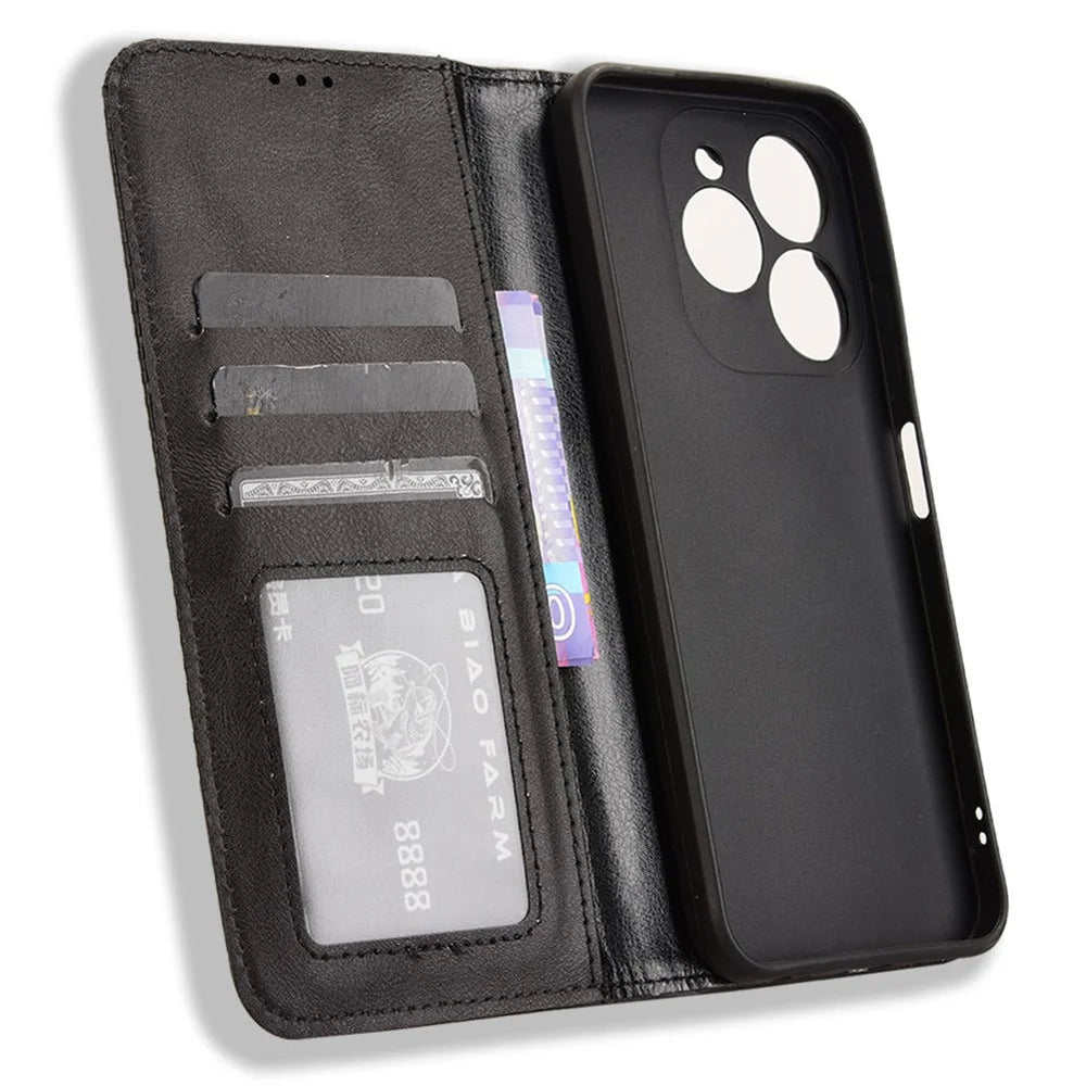 For itel A80 4G A671LC Leather Case Wallet Stand Retro Texture Phone Cover - Black - 5