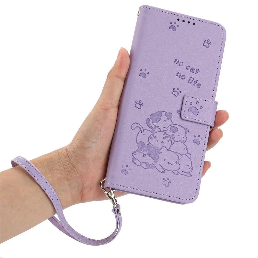 For Samsung Galaxy A05s 4G Case with Strap Cats Imprint Leather Wallet Phone Cover - Purple - 4