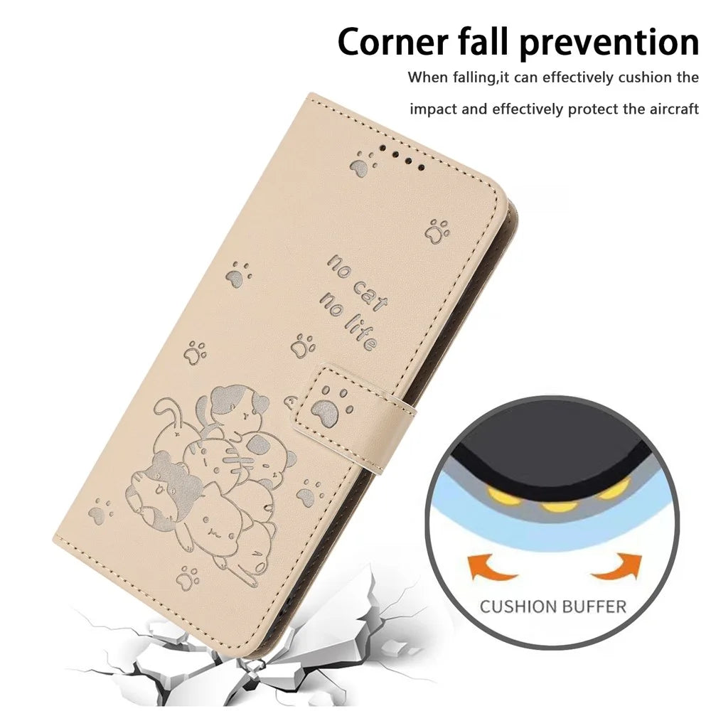 For iPhone 15 Case with Strap Cats Imprint Leather Wallet Phone Cover - Beige - 5