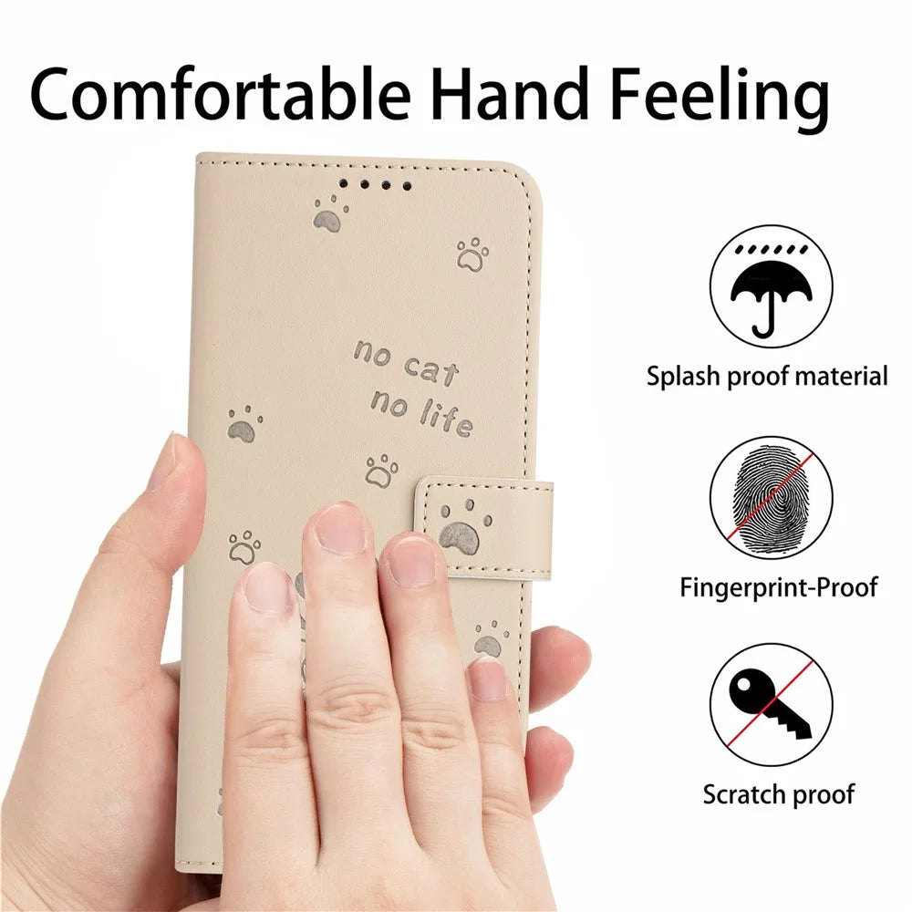 For iPhone 15 Case with Strap Cats Imprint Leather Wallet Phone Cover - Beige - 7