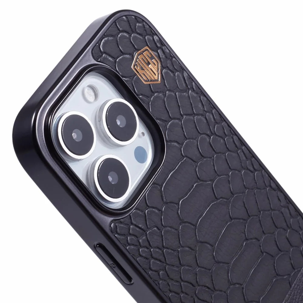 KIGC For iPhone 16 Pro Case Compatible with MagSafe Crocodile Texture PU+PC+TPU Electroplating Phone Cover - Black - 7