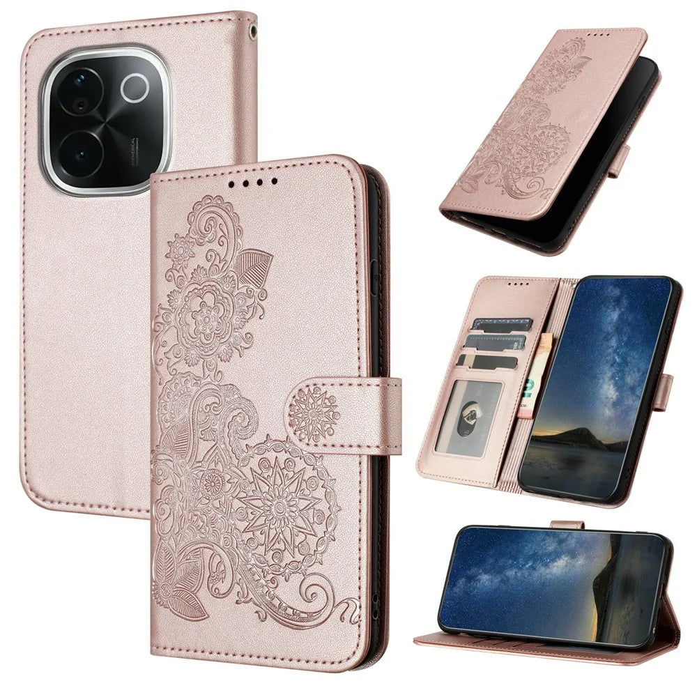 For vivo T3 Pro 5G / iQOO Z9s Pro 5G Phone Cases Mandala Flower Leather Wallet Mobile Cover with Strap - Rose Gold - 1